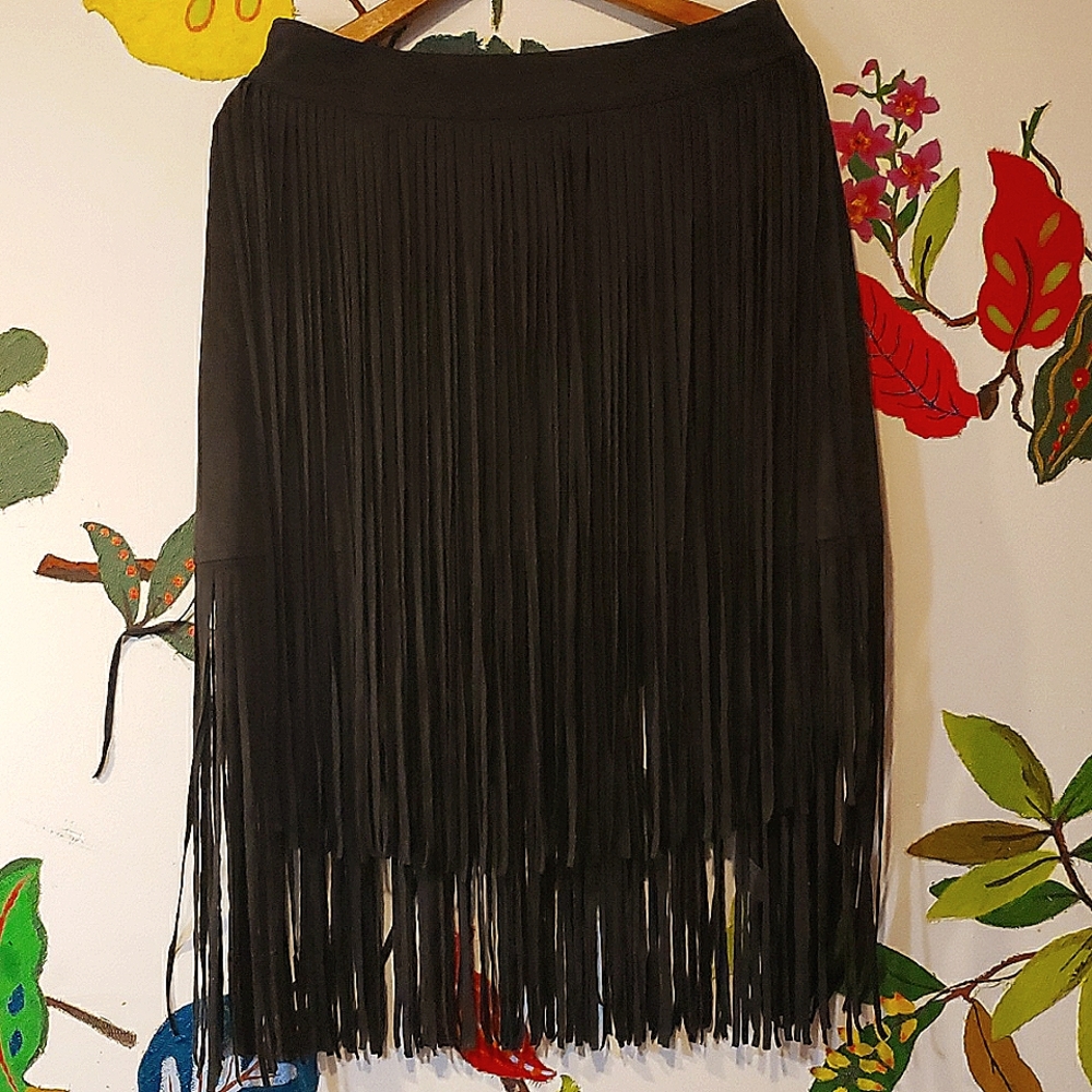 Black fringe faux suede skirt